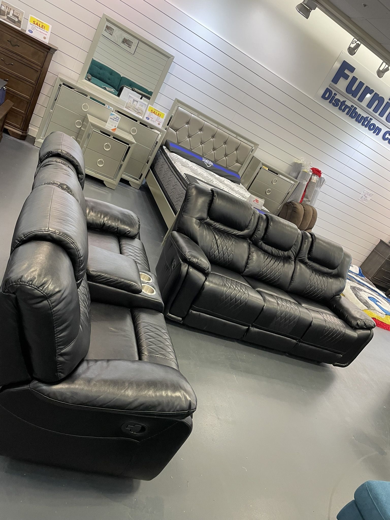 Summer clearance sale. Santiago black leather reclining sofa and loveseat set now $1199. Easy finance option. Same day delivery.