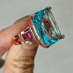 Huge Sterling Silver Sea Blue Rhinestone Emerald Cut Ring - Size 6