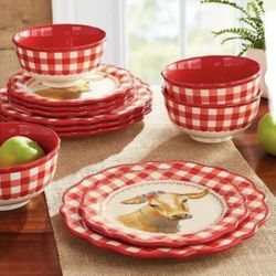 🍽️ Gingham Red Stoneware 12-Piece Dinnerware Set | New in Box
