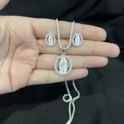 .925 Sterling Silver Virgin Virgen Mary CZ Pendant Rope Necklace & Earrings SET