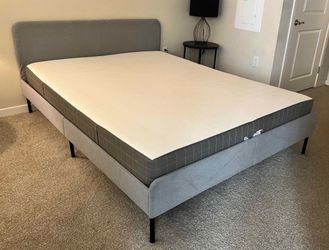 IKEA SLATTUM UPHOLSTERED GRAY BED FRAME & MATTRESS QUEEN SIZE OBO