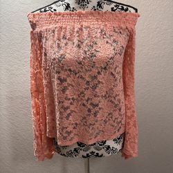 Moa Moa Women’s Lace Top Off the Shoulder Size S Bell Sleeve Coral