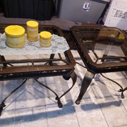 A Sets Of Coffee Table And Two End Table. Metal and Glass Top 