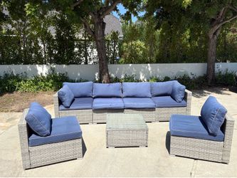 7-Piece Modular Outdoor Patio Sectional Set – Grey Wicker with Blue Cushions