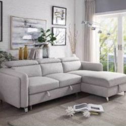 Brand New Beige Nubuck Pull-out/Storage Sectional