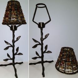 Candle Holder W/ Heavy Metal Vine Base & Amber Beaded Shade (14.5in Tall)