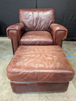 Classic Brown Leather Armchair and Ottoman Set
