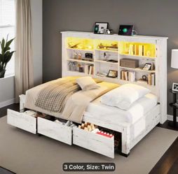 PaPaJet Modern Bed Frame with Wheels& Storage Drawers, USB Charging Ports& LED Light Strip, Multi-Functional Platform Bed with Headboard
