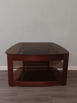 Dark Cherry wood Modern Stained Glass and Wood Corner TV Stand / Coffee Table