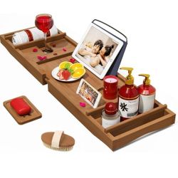 Bathtub Tray Bath Caddy Expandable-Bath Tray for Tub As Gift Idea to Lovers with Free Soap Holder and Shower Brush Walnut

