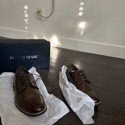 Bruno Marc Dress Shoes (7.5) + NEW MILORDE Leather Belt (26-28) — Brown Bundle
