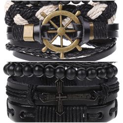 2 x Set Adjust. Size up to 9.5inc Leather Bracelet, (Ship Rudder-Cross)
