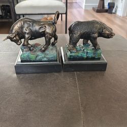 Vintage Stock Market Bull & Bear Solid Bronze Marble Statues.