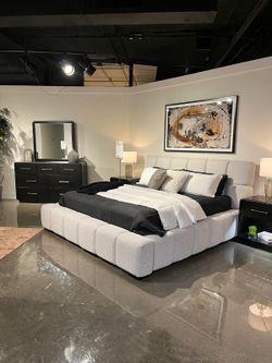 Contemporary design upholstered bed features Plush, deep pillowed tufting