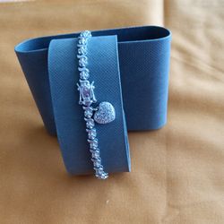 8 inch Sterling Silver Cubic Zirconia Heart Bracelet 