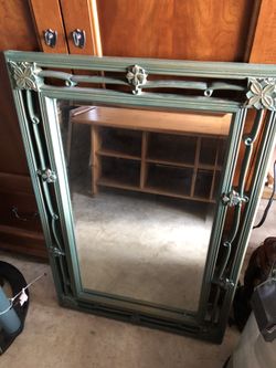 Shabby chic green mirror with gold accents and details 36.5” h x 24.5” w x 1 “ w Beveled mirror 28.5” h x 16.5 “ w Great condition From smoke free