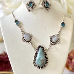 Genuine Larimar,Rainbow Moonstone & Blue Topaz 925 Sterling Silver Overlay Necklace Earrings Set