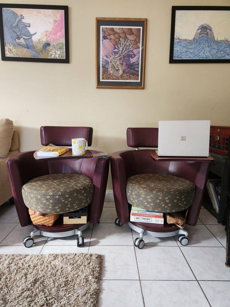 Modern Office Lounge Chairs (Set of 2) – Leather w/ Swivel Trays + Storage + Rolling Base
