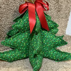 Vintage Stuffed Fabric Christmas Tree Plush Red Bow Green Handmade 7” tall