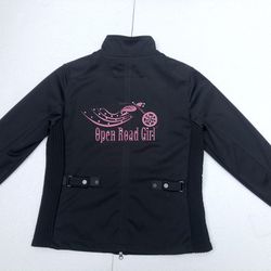 OPEN ROAD GIRL Women Black Motorcycle  Bombshell Jacket w/ Pink Embroidered Logos w/ Rhinestones Size Medium