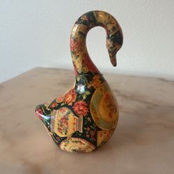 Vintage 8" Porcelain Glaze Patchwork Floral Swan Figurine. No Scratches. Shiny! 