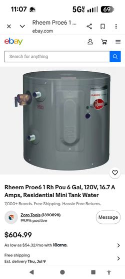 RHEEM ELECTRIC WATER HEATER 6GAL