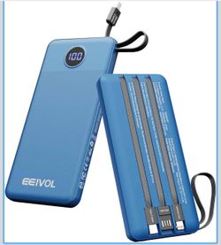 Portable Charger with Built in Cables, Slim 10000mAh Power Bank, USB C Battery Pack Travel, 4 Output 2 Input External Charging Bank for iPhone 17/16/1