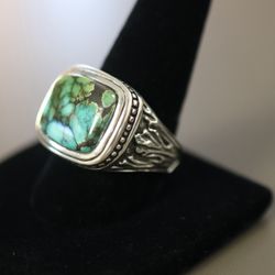 Oxidized Sterling Silver Martix Turquoise Ring - Size 12
