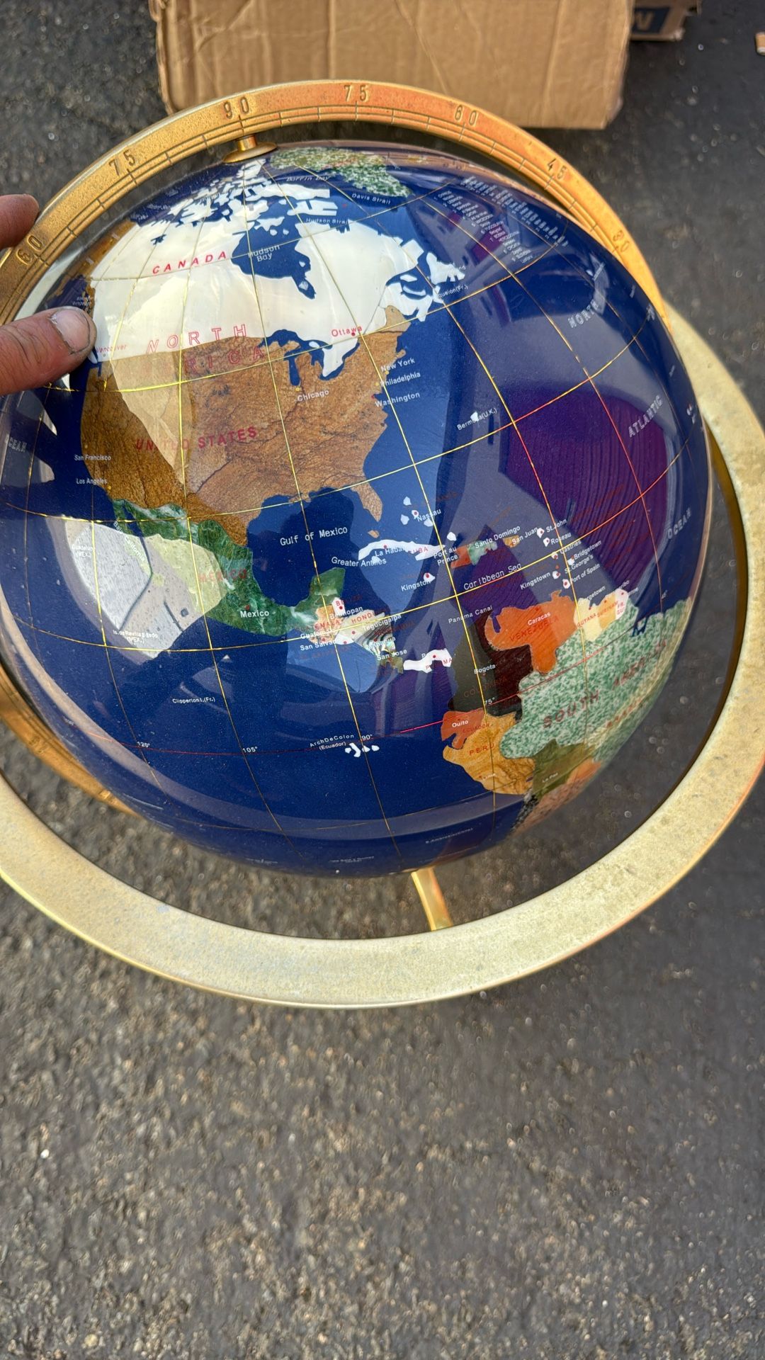 Inlaid Pietra Dura Gemstone Tabletop World Globe on Brass Stand