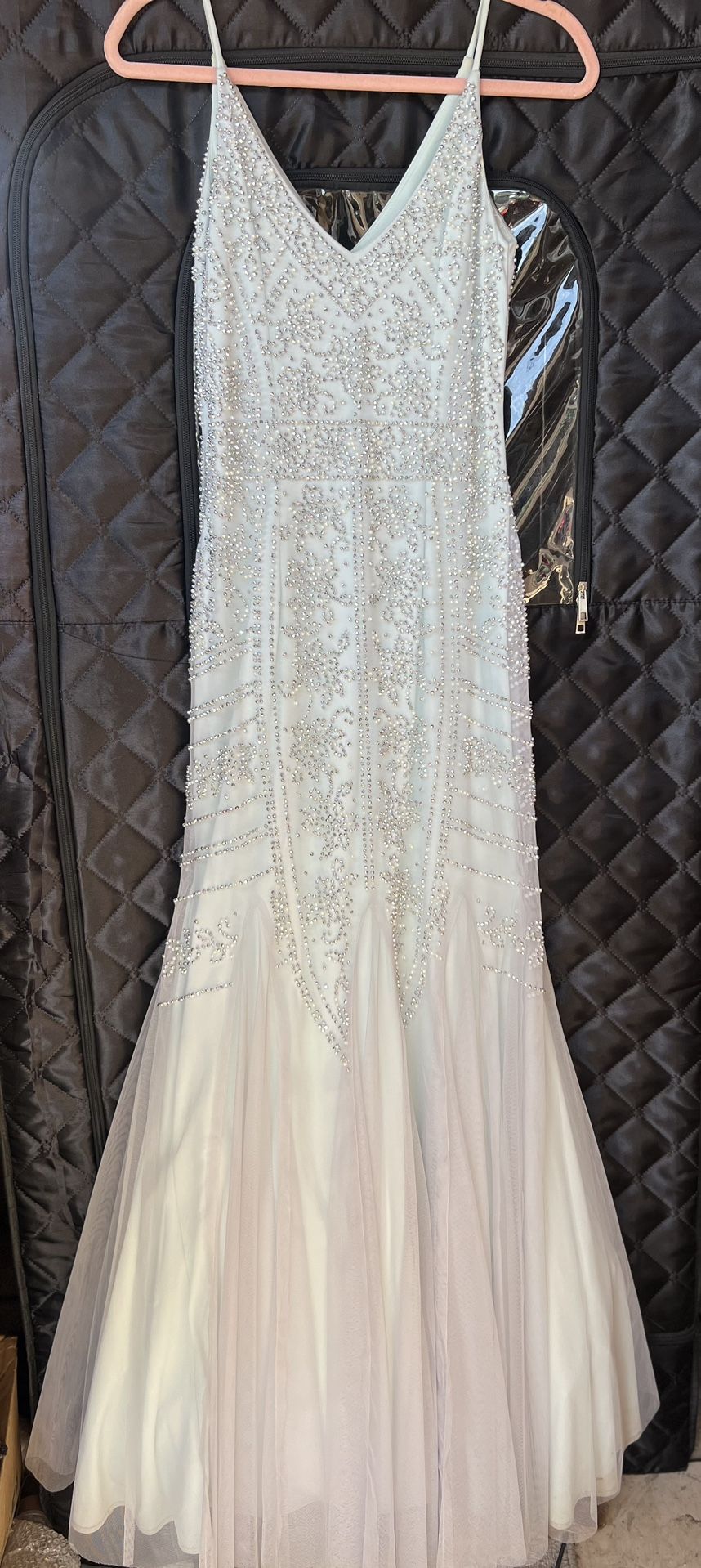 Beautiful Xscape Blue Embellished silver Crystals & Pearls Tulle Gown