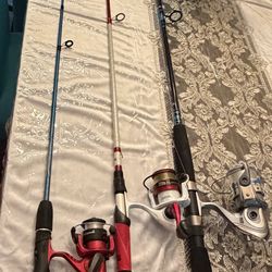 Lot of 3 fishing rods and reels Abu Garcia MLF & Bruiser 7’ Zebco slingshot 5’, Shakespeare.