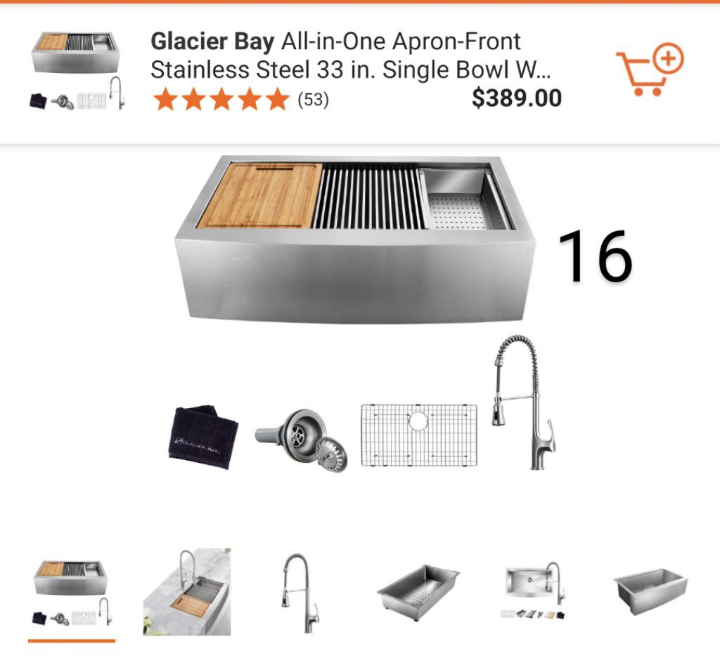 New G. Bay Apron-Front Farmhouse Stainless Steel 33 in. Single Bowl Sink with Faucet and Accessories Retails $430 with Taxes!!