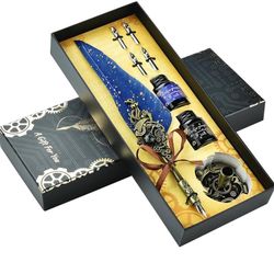 Hethrone Quill Pen and Ink Set Calligraphy Pens for Beginners Feather Pens Fountain Dip Pen Set (Navy)