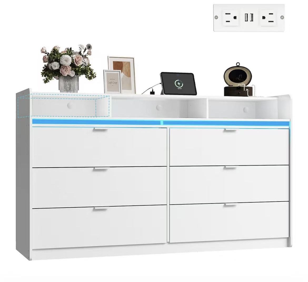 ✌️ 9 Drawer Led Dresser for Bedroom, 58.35'' White Wood Dresser Storage Organizer with Power Outlets for 65'' TV, Dressers with Open Shelves
