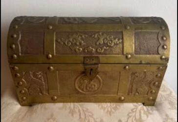 Vintage Solid Brass Document Box / Decorative Trunk (8.6 lbs - Dragon/Phoenix)