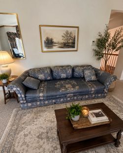 Blue Floral Upholstered Three-Seat Sofa