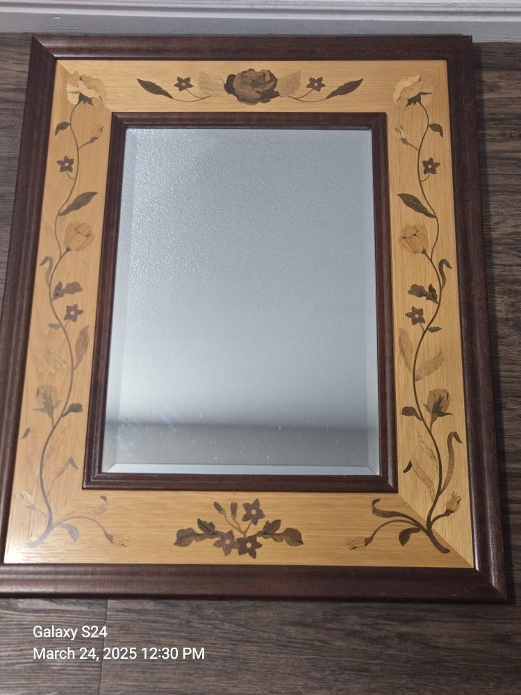 Vintage HUDSON RIVER Mirror in Floral Marquetry Inlaid Frame
