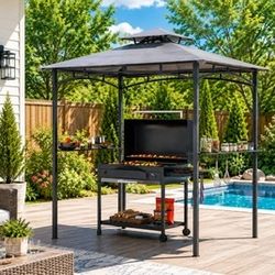 Costway 10.5 x 5 FT Grill Outdoor Pergola with Side Awning and Double-Tiered Vented Top, Grey