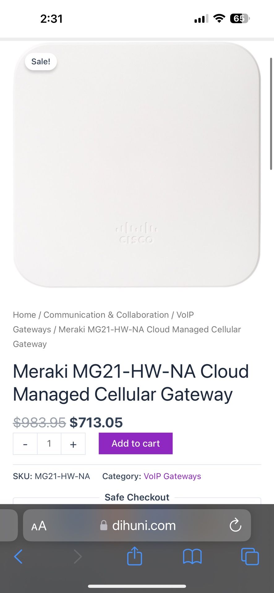 Meraki MG21-HW-NA Cloud Managed Cellular Gateway