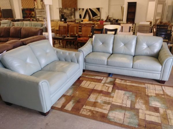 Cindy Crawford Aqua Blue Leather Sofa And Love For Sale In Cindy Crawford Aqua Blue Leather Sofa And Love For Sale In