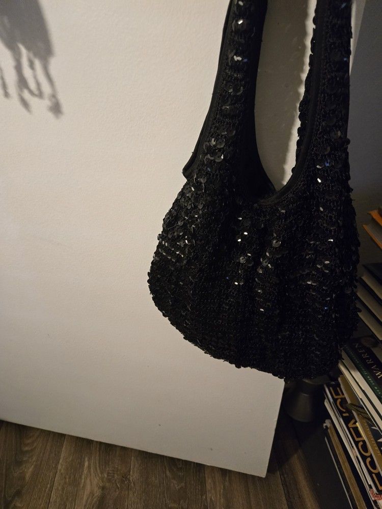 Black Sequence Covered Crochet Shoulder  Sack Bag/ Hobo Style Sand Bag.
