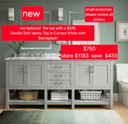 ✨️ Home Decorators Collection Everett 72 in. W x 22 in. D x 36 in. H Double Sink Freestanding Bath Vanity in Gray with Top in Carrara White with Backs