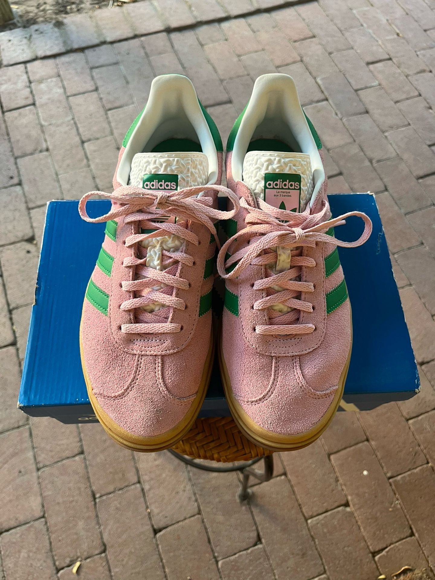 Stacked Adidas Gazelle Bold Sneakers in True Pink/Green/Cloud White color way