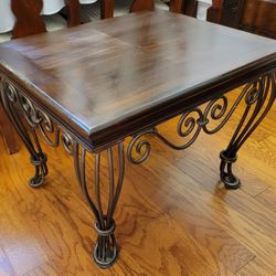 Solid Wood End Table With Metal Scroll Base