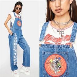 NWT Dolls Kill X Looney Tunes Logo Embroidered Pouch Denim Overalls.