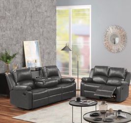 Gray Leather Reclining Sofa and Loveseat Set