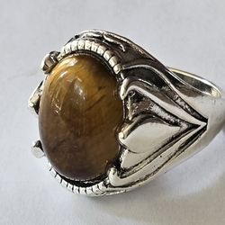 TIGER EYE  POLISHED NEW TITANIUM QUALITY SILVER SIZE 11 MENS STATUS RING