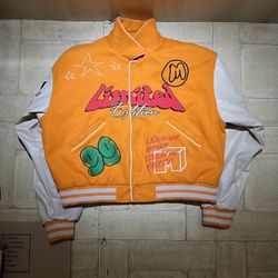 boohooMAN Boxy Fit Graffiti Varsity Jacket in orange size Medium