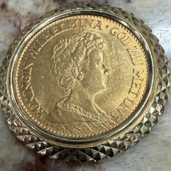 Vintage 10 Guilder 1912 Queen Wilhelmina Vintage 22K Gold 10 Guilder Coin Pendant 14 K Gold Bezel