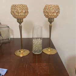 Candle Holders And Glass Vase With Marbles